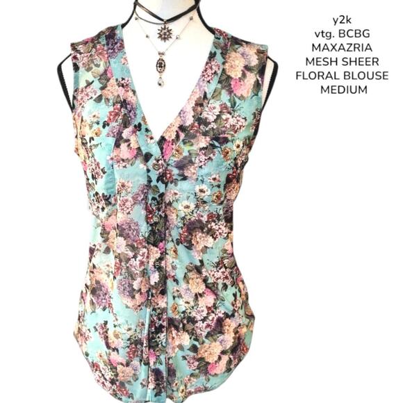 Y2K VTG.  BCBGMAXAZRIA blue floral sheer button-up top with ruffle‎ detail  M - Picture 1 of 8